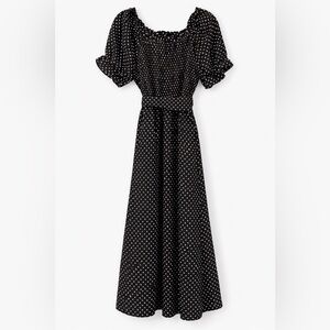 Black White Polka Dot Smocked Maxi Dress XL 2X Puff Sleeve Cottagecore pin-up